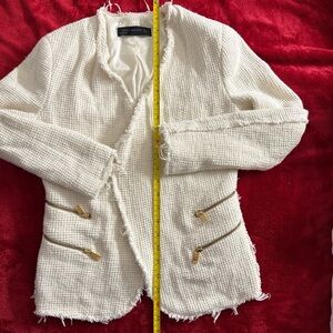 Zara Women's Cream Tweed Blazer with Gold Zippers